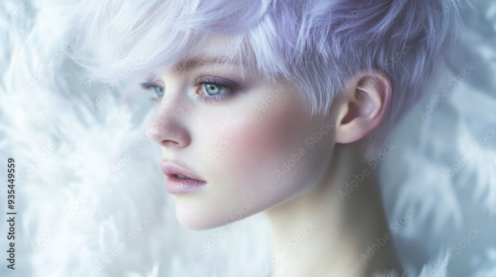 A young woman with short, pastel purple hair gazes thoughtfully to the side, framed by a delicate feather-like background. A young woman with short, pastel purple hair gazes thoughtfully to the side, framed by a delicate feather-like background.