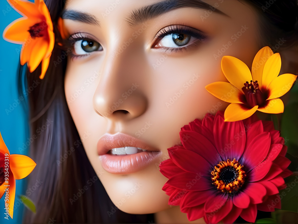 A Beautiful Woman surrounded and covered with colorful Flowers around her Face. A Beautiful Woman surrounded and covered with colorful Flowers around her Face.