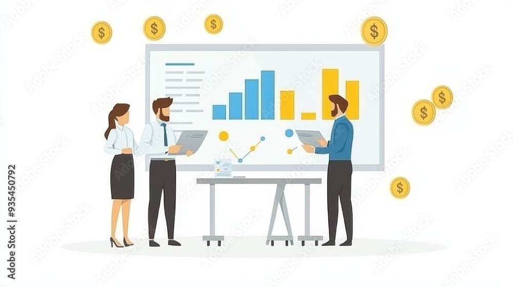 A cartoon illustration shows colleagues mingling and reading news about crypro currency with VR glasses on. A cartoon illustration shows colleagues mingling and reading news about crypro currency with VR glasses on.