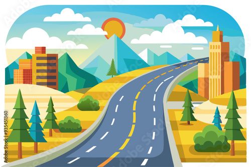 A winding road through a mountainous landscape with a cityscape in the distance