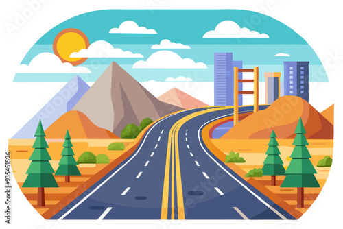 A winding road leads through a mountainous landscape towards a cityscape and bridge.