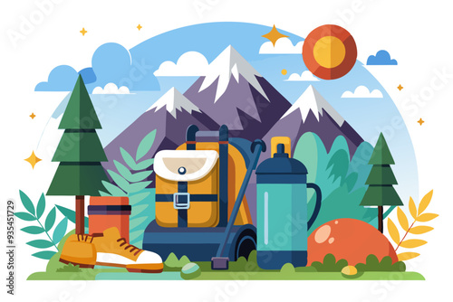 Mountain Hiking Adventure Illustration with Backpack, Hiking Boots, and Water Bottle
