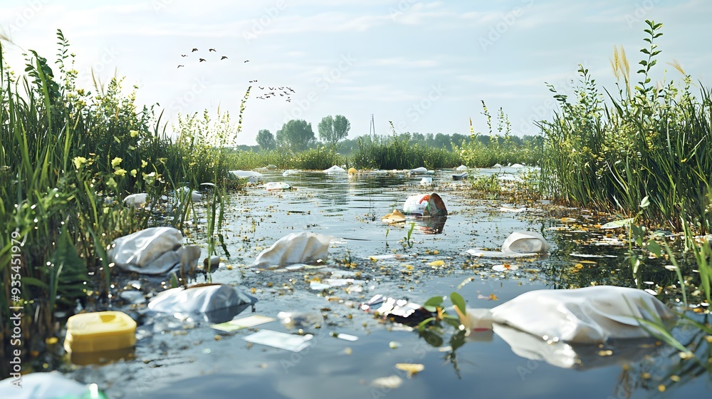 41. 3D depiction of a polluted wetland area with trash and toxic waste affecting local wildlife, isolated on a clear backdrop 41. 3D depiction of a polluted wetland area with trash and toxic waste affecting local wildlife, isolated on a clear backdrop