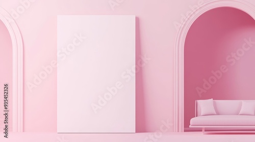 A design sofa in a living room with a mock-up poster frame on the wall at home. Neutral living room with no one in it.