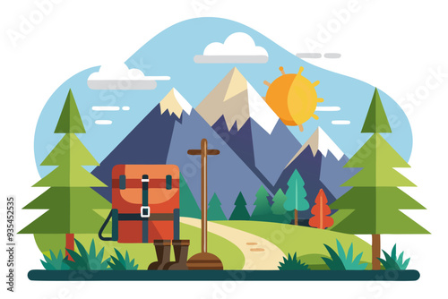 Mountain Hiking Scene with Backpack, Boots, and a Trail Sign