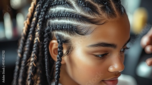 Woman hairdresser weaves girl black dreadlocks. Close up of braiding process. 