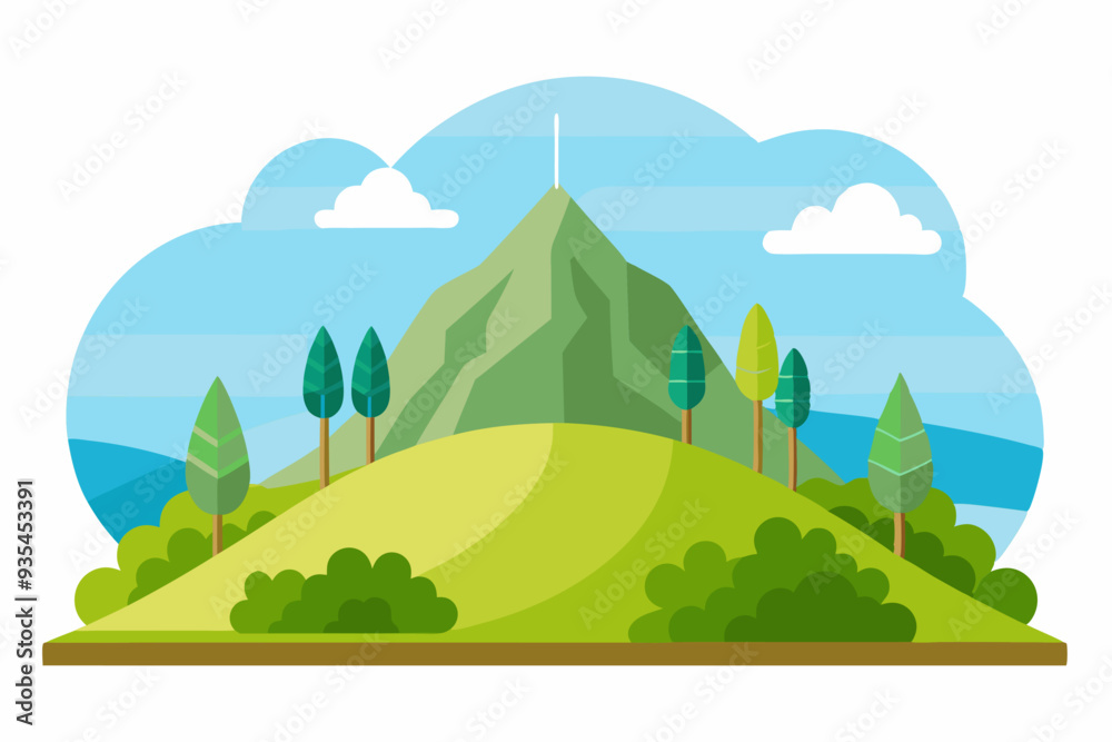 Obraz premium Cartoon Mountain Landscape with Trees and Clouds