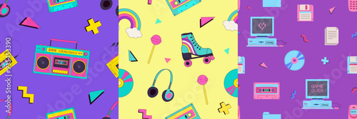 Set of retro cartoon 90s, y2k gadgets seamless pattern. Nostalgia 1990s. Vintage music, old technologies background