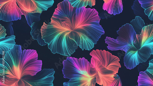 A seamless pattern with minimalistic holographic flowers - Glowing neon rainbow background.	