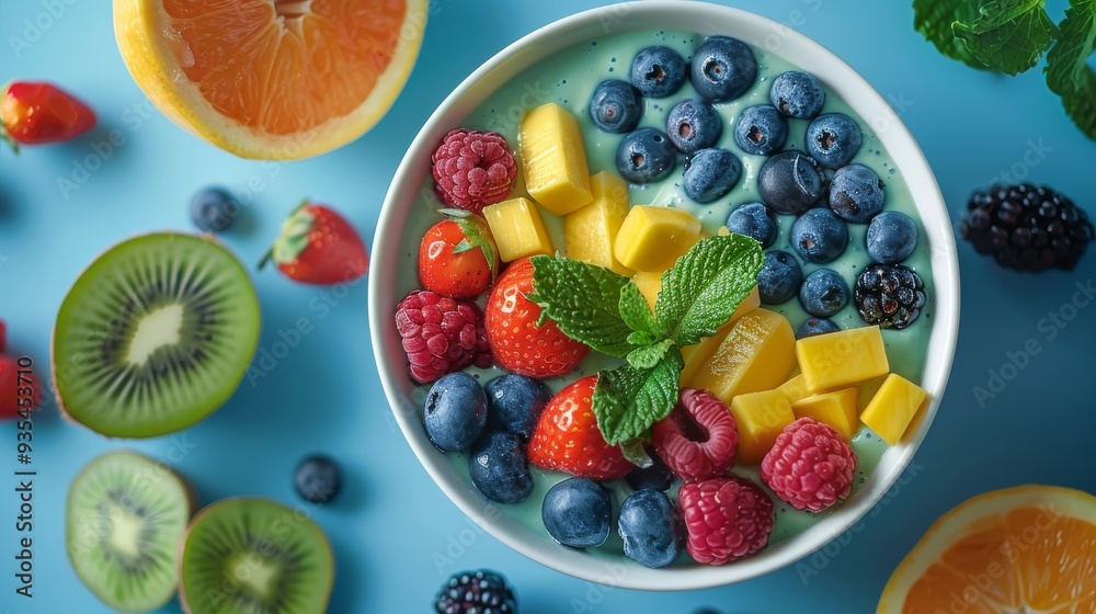 A colorful and nutritious smoothie bowl topped with various superfoods, including chia seeds, granola, and fresh berries. Perfect for a healthy breakfast or snack. A colorful and nutritious smoothie bowl topped with various superfoods, including chia seeds, granola, and fresh berries. Perfect for a healthy breakfast or snack.