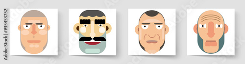 Set of faces, avatars, heads of people of different nationalities in flat style. Strong-willed male faces with neutral expression of emotions. Close-up portrait.