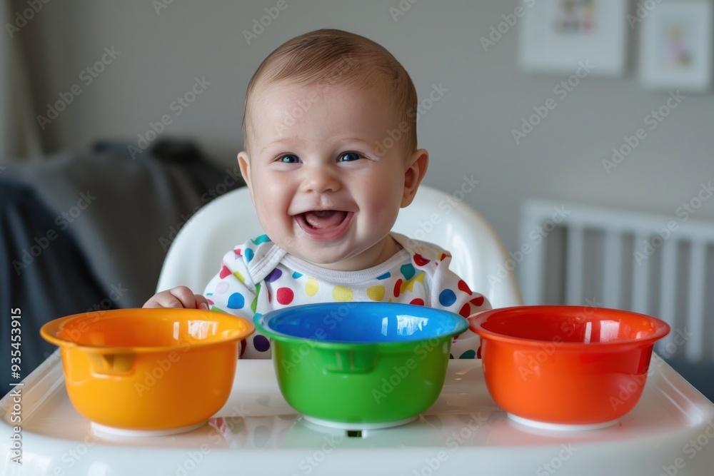 Little boy smiling in a high chair with a bowl of paints Little boy smiling in a high chair with a bowl of paints