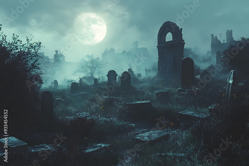 Misty Graveyard Under Full Moon, an eerie landscape featuring shadowy tombstones shrouded in fog, illuminated by the haunting glow of a full moon in a dark sky