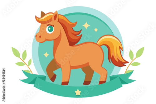 Cartoon Orange Horse with Blue Eyes and Yellow Mane Standing in a Green Circle