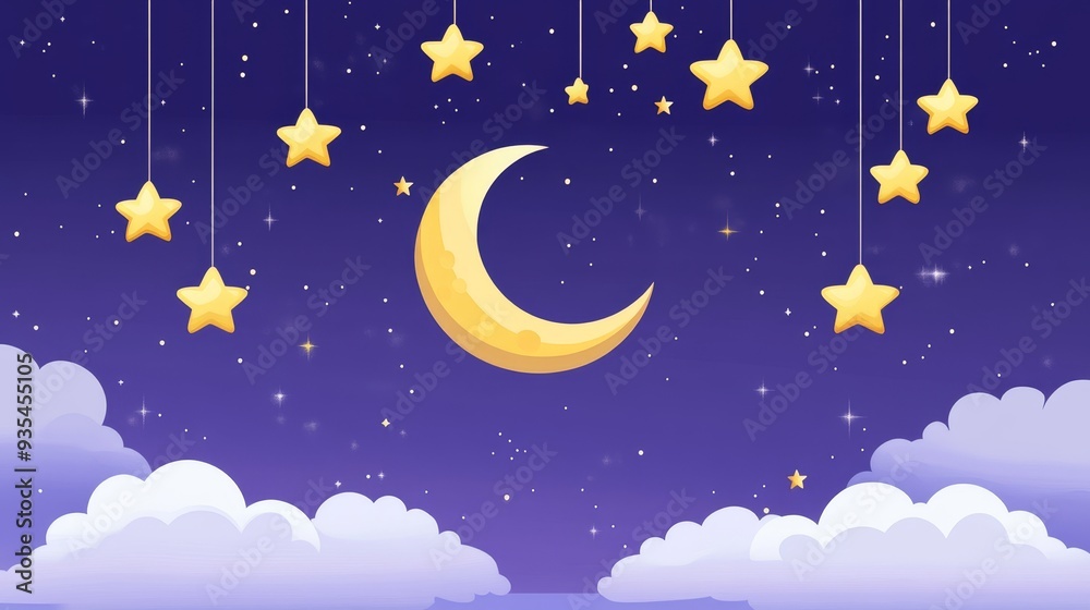 Fototapeta premium Above lavender clouds, a glowing crescent moon and sparkling stars create a serene twilight sky.