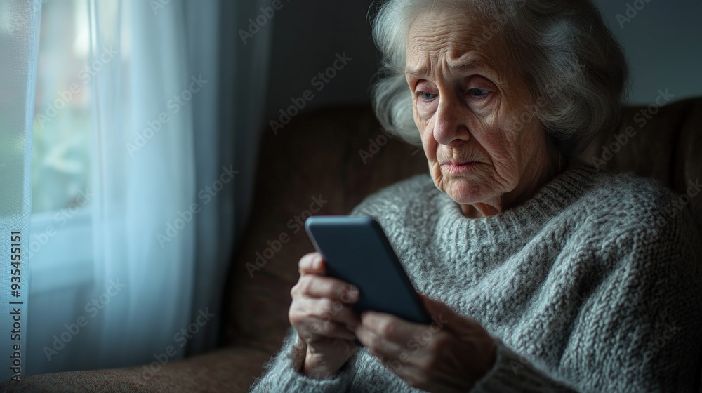 Elderly Woman Using Smartphone Near Window - Senior Technology and Communication Elderly Woman Using Smartphone Near Window - Senior Technology and Communication