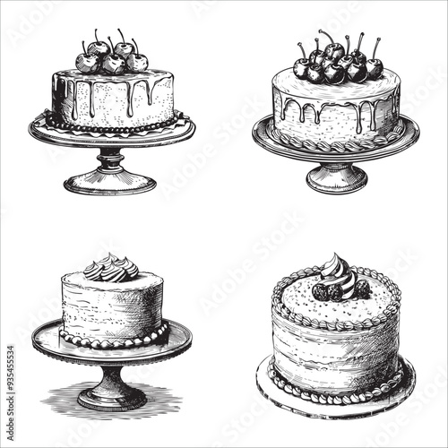 Set of cake vector illustrations - hand drawn cake - black and white cake isolated on white background