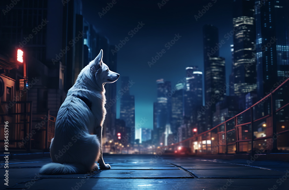 Obraz premium a dog in the street at night, generative ai