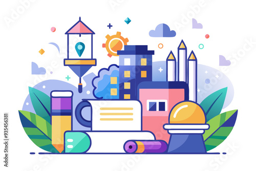 Colorful Illustration of Cityscape with Stationery and Nature Elements