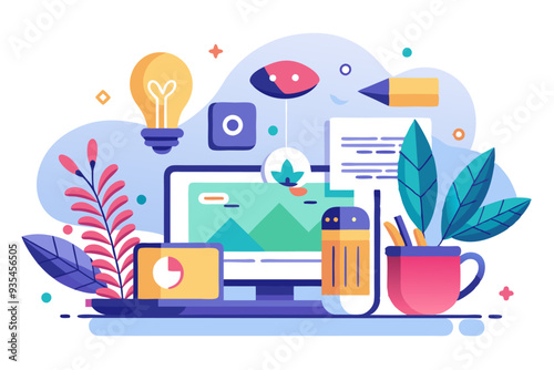Colorful Illustration of a Creative Workspace with a Laptop, Plants, and Office Supplies
