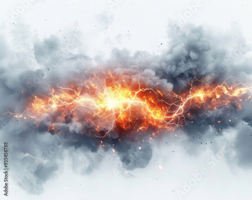 A big explosion with smoke and lightning is set against a white backdrop.