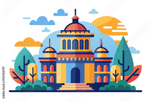 Colorful illustration of a building with dome, windows and steps, surrounded by greenery and clouds