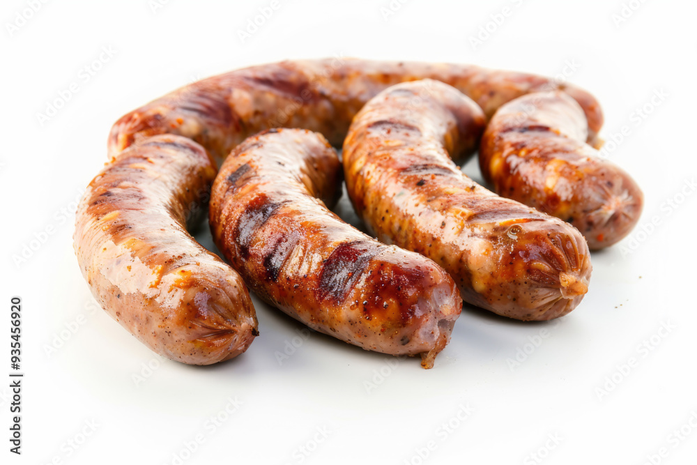 Sausages are isolated on a white backdrop, captured in a single medium format film photo. Sausages are isolated on a white backdrop, captured in a single medium format film photo.