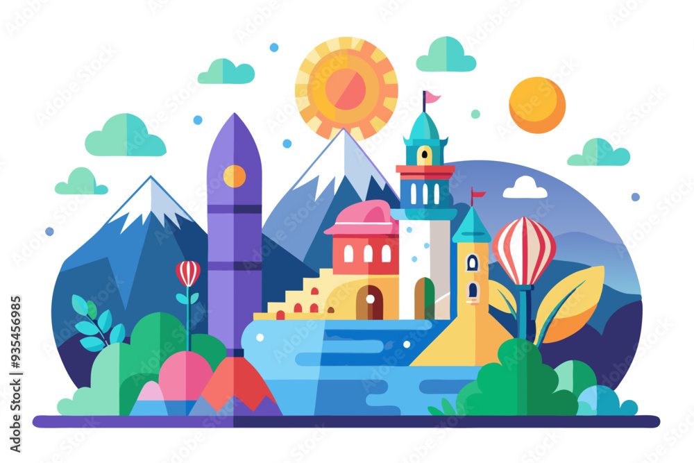 Fototapeta premium A Colorful Town Surrounded by Mountains and a Blue Sky