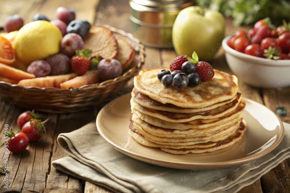 Delicious stack of pancakes topped with fresh berries. Delicious stack of pancakes topped with fresh berries.