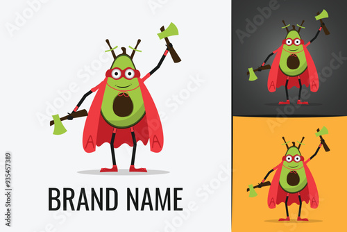 Cute Super hero Avocado logo. Logotype of avocado fruit character with axe