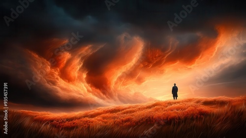 A lone figure stands silhouetted against a dramatic, fiery sky, with billowing clouds of orange and red. photo