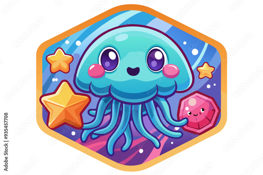 Fototapeta premium Cute Cartoon Jellyfish with Stars and Gemstone in a Hexagon