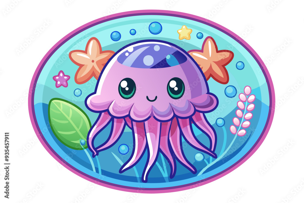 Fototapeta premium Cute Cartoon Jellyfish with Big Eyes in an Underwater Circle