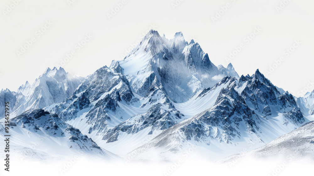 Fototapeta premium Snowy mountains are captured in a hyper-realistic photography style, isolated on a white background.