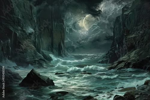 Dark stormy sea churns beneath a full moon between towering cliffs