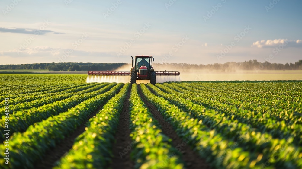 Tractor applying fertilizer on a lush green field during sunset in rural landscape Tractor applying fertilizer on a lush green field during sunset in rural landscape