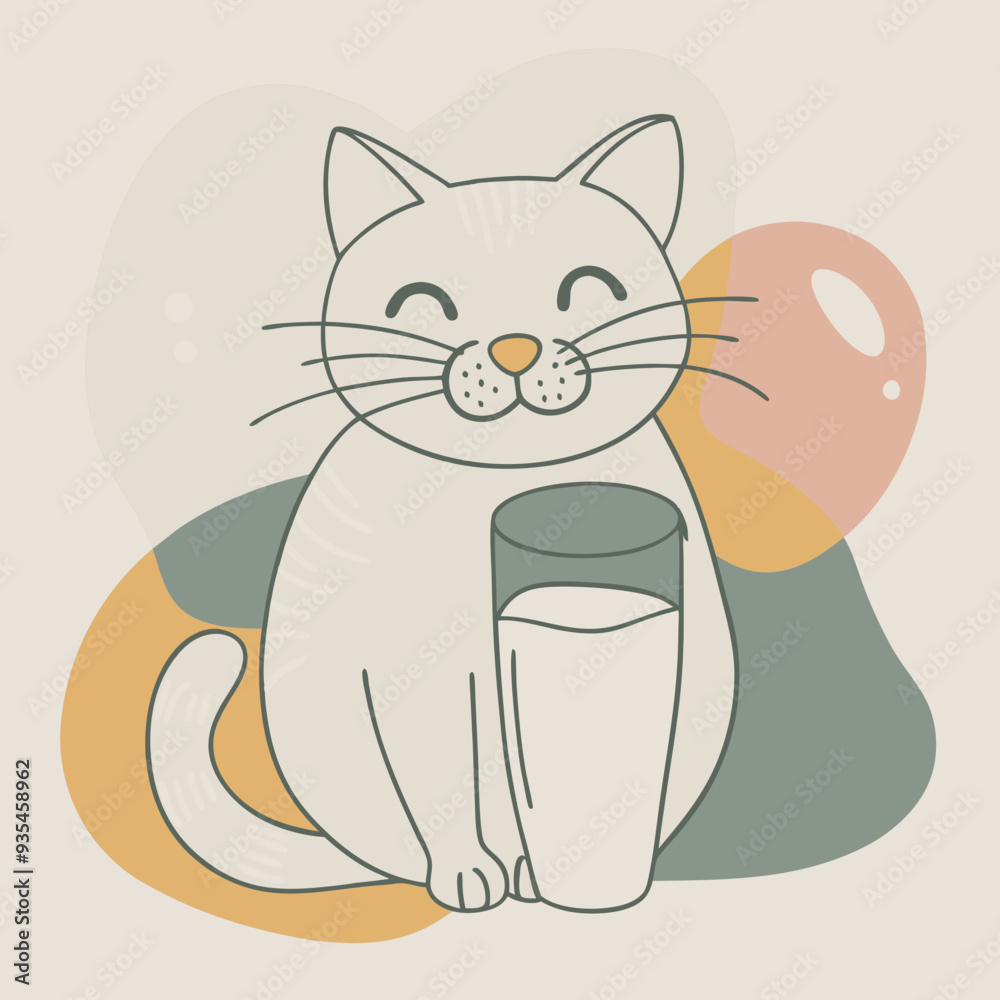Obraz premium Smiling white cat with a glass of milk, against a pastel-colored abstract background