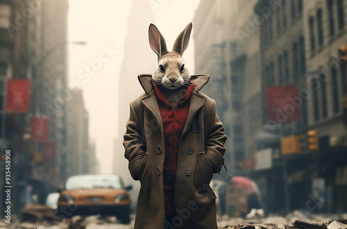 rabbit dressed up suit is standing street, generative ai