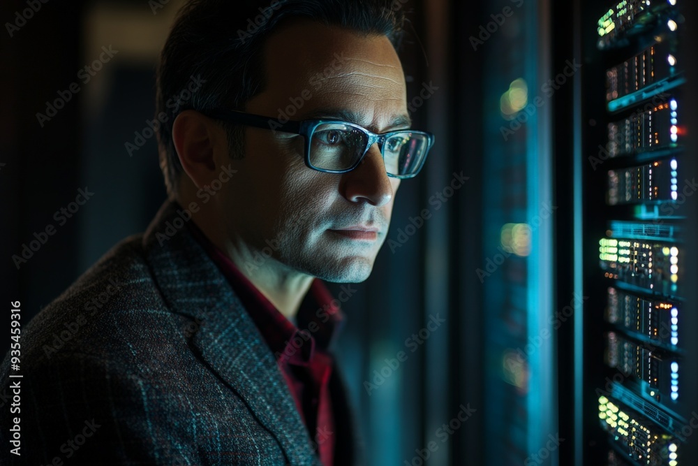 Focused IT Professional Working in a Data Center with Server Racks and Technology Focused IT Professional Working in a Data Center with Server Racks and Technology
