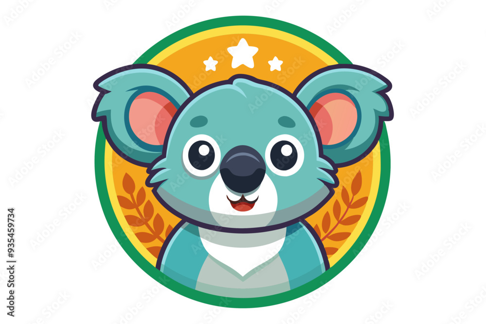 Fototapeta premium Cute Cartoon Koala with Stars and Leaves in a Circle