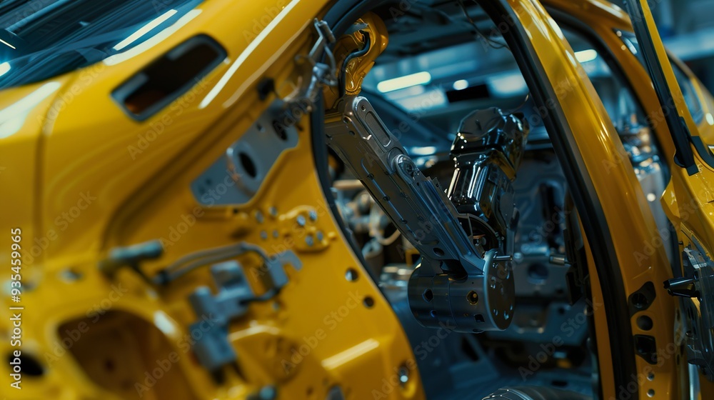 A close-up of a robotic arm installing a car door, showcasing the precision and efficiency of the automated process. A close-up of a robotic arm installing a car door, showcasing the precision and efficiency of the automated process.