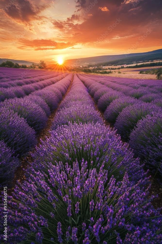 Fototapeta premium A vast lavender field in full bloom under a golden sunset, the purple flowers contrasting with the orange and pink sky.