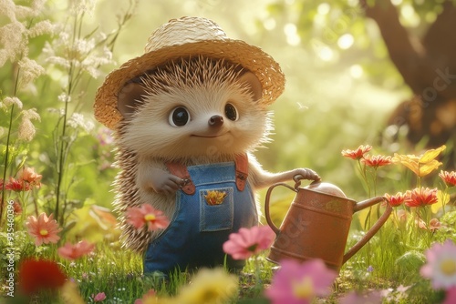 Gardener Hedgehog: A hedgehog in overalls and a straw hat, holding a watering can in a flower garden