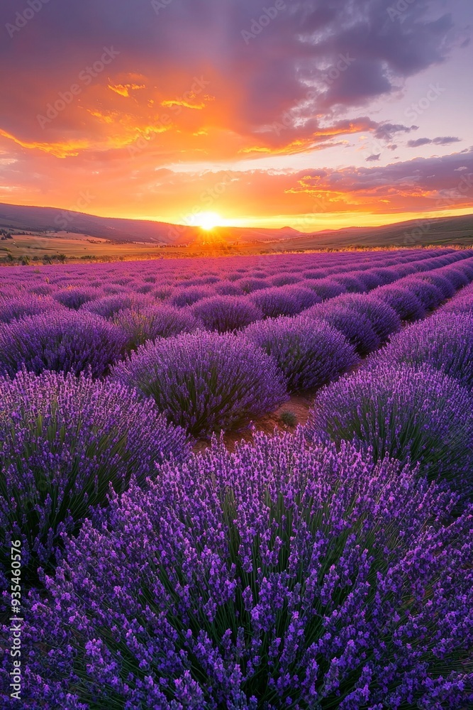 Obraz premium A vast lavender field in full bloom under a golden sunset, the purple flowers contrasting with the orange and pink sky.