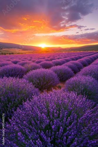 A vast lavender field in full bloom under a golden sunset, the purple flowers contrasting with the orange and pink sky.