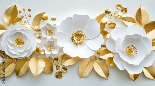 Background with pearls on gold with white florals