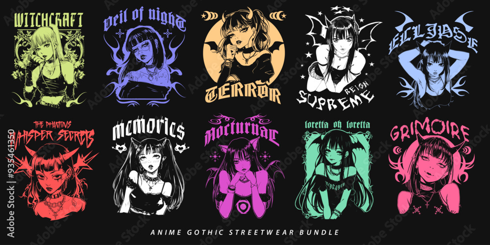 Anime japanese t shirt designs bundle, anime gothic streetwear graphic t shirt vector set, girl dark art streetwear design collection