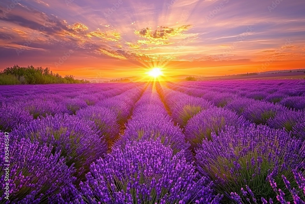 Obraz premium A vast lavender field in full bloom under a golden sunset, the purple flowers contrasting with the orange and pink sky.