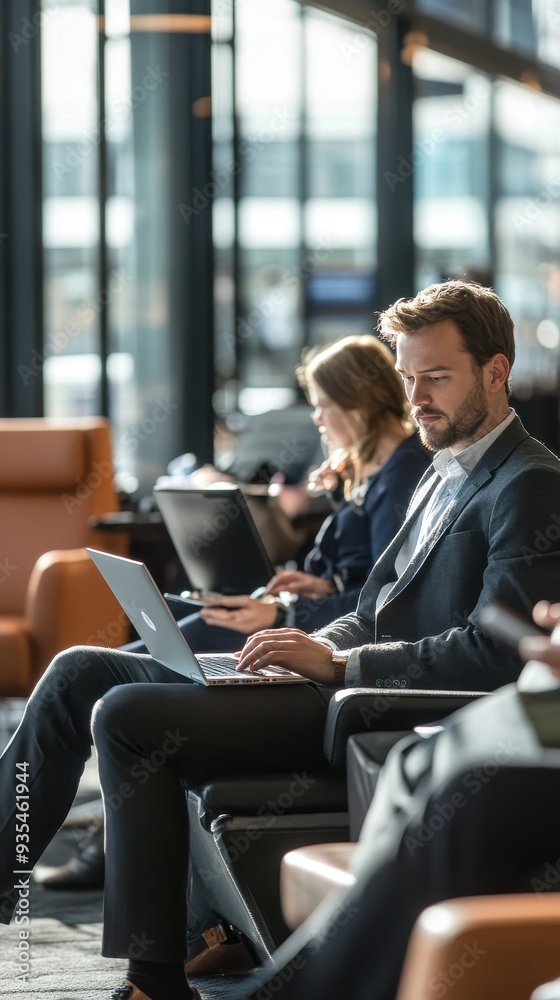 Professionals are focused on their laptops in an airport lounge, balancing work and travel during a busy weekday afternoon Professionals are focused on their laptops in an airport lounge, balancing work and travel during a busy weekday afternoon