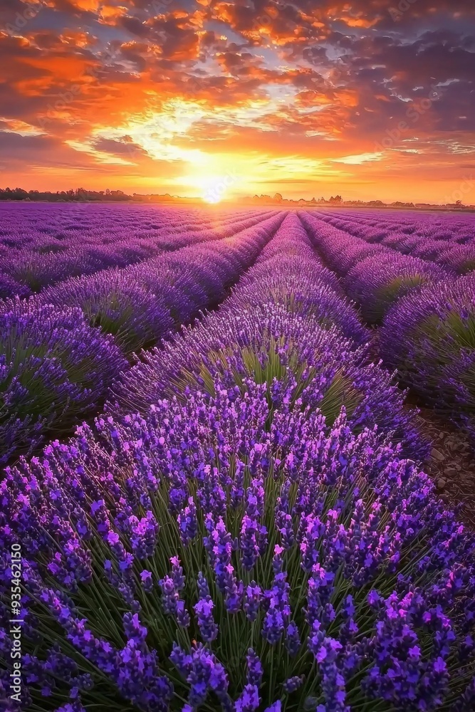 Obraz premium A vast lavender field in full bloom under a golden sunset, the purple flowers contrasting with the orange and pink sky.